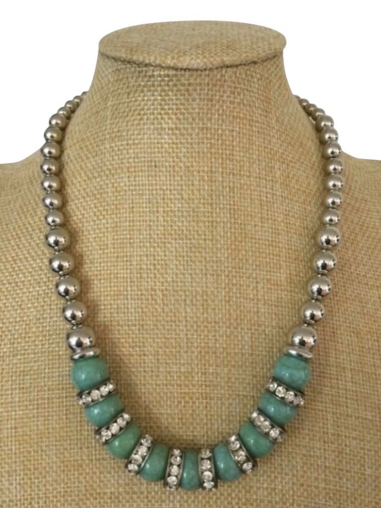 Estate Jewelry - Vintage Estate Silver Bead & Dyed Agate Necklace w/ Sterling Rhinestone Spacers